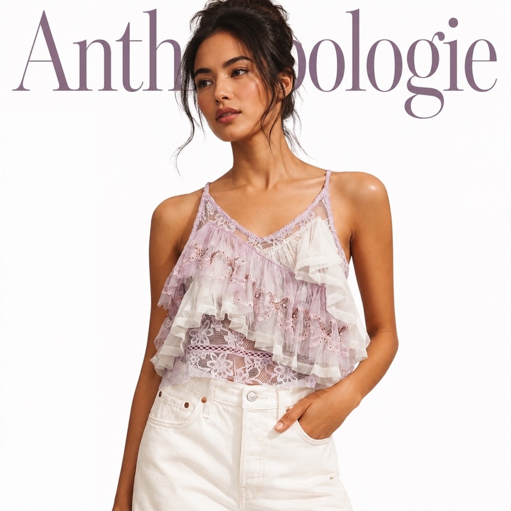 Anthropologie Lavender Lace Sequin Ruffle Tiered Cami‎ Top
